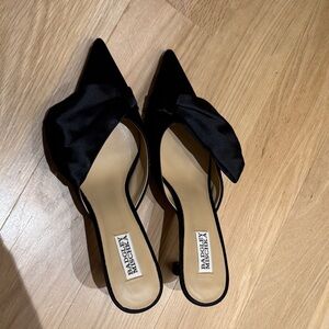 Badgley Mischka Black Satin Pointed Toe Mules with Bow